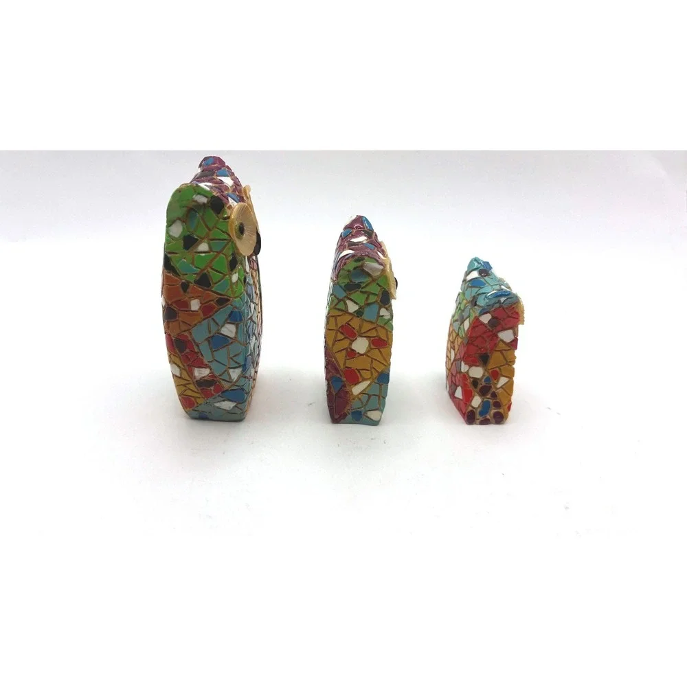Mosaic Style Owl Gaudi Style Figurine Set 3in 2in 1.5in Multicolor Resin Decor
